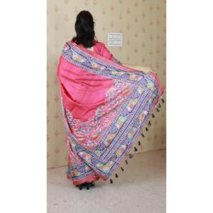 Sari en soie Tussar rose avec bordure tissée Zari à motifs floraux, robes de soirée élégantes, tissages d'élite à partir de 500g - Product Image 3