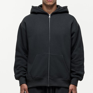 <b>Men's</b> Black Oversized Hooded Zip-Up Fleece Sweatshirt Regular Sleeve Solid Color Casual Autumn Wear - Product Image 1