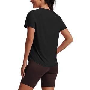 Camiseta Deportiva de Manga Corta para Mujer, Cuello Redondo, Color Negro Sólido, Manga Raglán, Corte Holgado, Secado Rápido, Tejido de Punto, Primavera Verano - Product Image 1