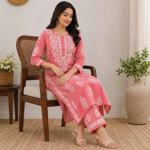Kurti droit en coton rose corail brodé à la main style Lucknowi Chikankari - Tunique ethnique élégante pour femme - Product Image 2