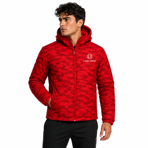Veste d'hiver pour homme, rouge camouflage, à capuche, matelassée, imperméable, coupe-vent, isolante, décontractée, avec fermeture éclair et poches - Product Image 1