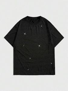 Camiseta de Manga Corta para Hombre, Cuello Redondo, Estilo Urbano, 100% Algodón, Tejido de Punto, Diseño de Letras y Dibujos Animados con Pedrería, Impresión DTF - Product Image 2