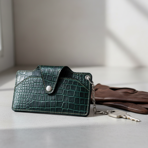 WRIZA Genuine Leather Croc Embossed Eyeglass <b>Case</b> Slim <b>Sunglasses</b> Pouch Keychain Hook Travel Spectacle Holder Forest Green Luxes - Product Image 4