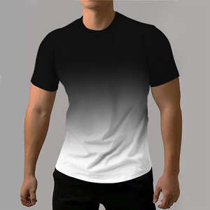 Camiseta de Hombre con Degradado Ombre, Negro y Blanco, Manga Corta, Cuello Redondo, Corte Ajustado, Informal, Verano, Moderna, Elegante, de Algodón - Product Image 3