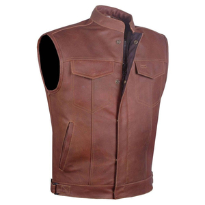 Top Quality Men's <b>Brown</b> Genuine Leather <b>Vest</b> V-Neck Button Closure Casual Outerwear Autumn Solid Color Regular Length - Product Image 5