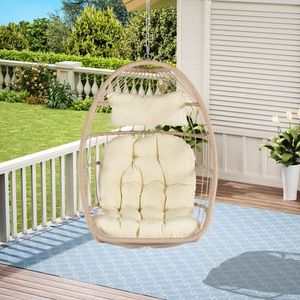 Extérieur Jardin En Forme D'oeuf En Osier Chaise Suspendue Cadre En Bois Kaki Coussin Patio Balançoire Chaise Élégant Confortable Chaise Longue Siège pour - Product Image 2
