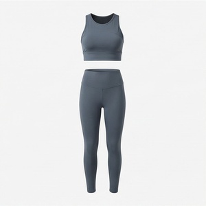 <b>Women</b> Seamless Yoga Set 2 Piece High Waist <b>Leggings</b> Scoop Neck Crop Top Solid Navy <b>Blue</b> Activewear - Product Image 1