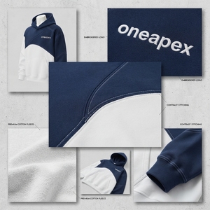 <b>Mens</b> <b>Navy</b> Blue White Diagonal Color Block Hoodie <b>Fleece</b> Sweatshirt Custom Logo Streetwear Pullover Casual Winter Hooded Top - Product Image 4