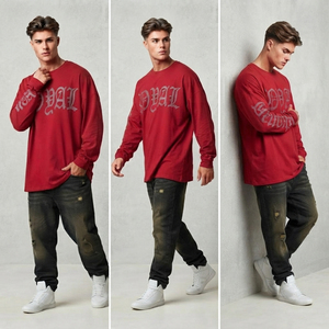 Camiseta de hombre de alta calidad con pedrería, manga larga, algodón grueso, estilo urbano, corte holgado, cuello redondo, oversize - Product Image 6