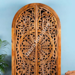 Luxury Handcrafted Solid Wood Arched 2 Door <b>Wardrobe</b> Ornate Mandala Leaf Carving Honey Oak Finish - Product Image 2
