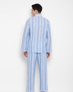 Pyjama en coton rayé pour homme, manches longues, vêtements de nuit décontractés, tissu tissé doux d'été avec poches - Product Image 5