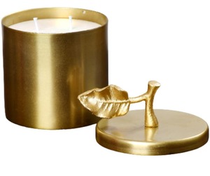 Modern design gold electroplated brass candle jar with lid leaf design <b>decorative</b> candle holder scented soy wax candle - Product Image 1