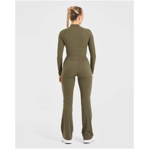 <b>Women's</b> Bodysuit Front Zip up Two Piece Wide Leg Workout <b>Rompers</b> Long Sleeve Fitness Flared Yoga Pants Jumpsuit For Gym - Product Image 4