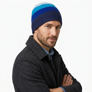 Bonnet rayé pour homme, bleu marine, en acrylique, bonnet d'hiver décontracté, chaud, en tricot, pour adultes, 56-58 cm, 2027 - Product Image 1
