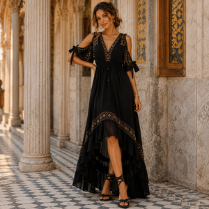Robe longue maxi pour femme, style bohème, à manches découpées, en viscose et polyester, respirante et anti-boulochage - Product Image 1