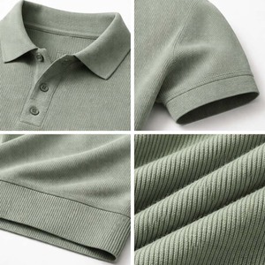 Polo de punto gofrado personalizado para hombre, verde salvia, manga corta, mezcla de algodón texturizado, corte ajustado informal, estilo urbano de verano - Product Image 3