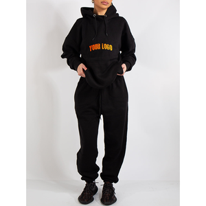 Nouvel article : Ensemble sweat à capuche en molleton noir 2 pièces pour femme, coupe ample, décontracté, toutes saisons, avec imprimé lettres et poches - Product Image 1