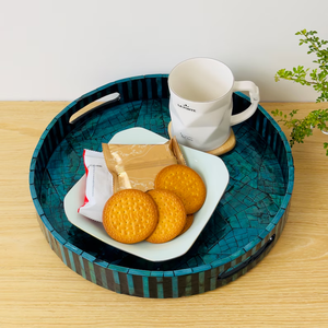 PERFECT ENTERPRISES Round Serving Tray, Lacquer Mother of Pearl Inlay Mosaic Tray, Inlay Nacre Ottoman Tray with <b>Handles</b> - Product Image 6