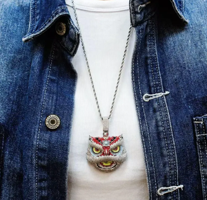 Collier pendentif tête de lion coloré serti de zircons, en laiton, style hip-hop, bijoux pour hommes - Product Image 6