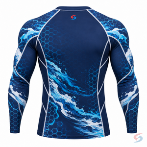 Rashguard BJJ MMA bleu marine, cyan, blanc, à panneaux hexagonaux, imprimé performance avec superpositions motif vague de tempête et technique - Product Image 4