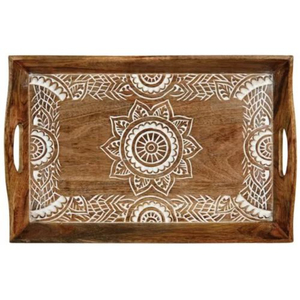 Plateau de service vintage en bois sculpté à la main, plateau décoratif marocain pour table basse, motif floral bleu et jaune, ustensile de cuisine à poignées - Product Image 4