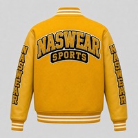 Veste varsity jaune pour homme, manches en cuir, logo brodé, style preppy, vêtement d'automne, patchs en chenille.