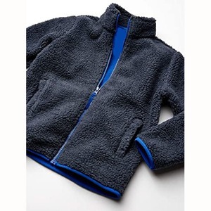 Unisex Dark Blue <b>Fleece</b> <b>Jacket</b> Full Zip Stand Collar Casual Winter Sherpa <b>Lining</b> Regular Fit Polyester Material - Product Image 2