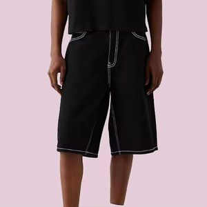 Shorts en jean délavé décontractés pour hommes, style patchwork et coutures vives, coupe ample et droite, jambe large, effet vieilli - Product Image 4