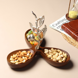 Plateau de service triple en bois de luxe avec poignée en métal doré en forme de branche de grenade pour fruits secs, décoration d'intérieur - Product Image 6