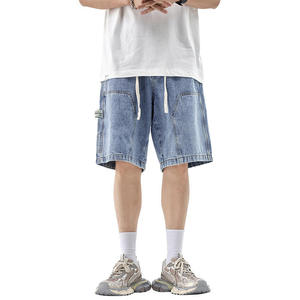 <b>mens</b> relaxed fit denim shorts oversized cargo shorts light blue wash vintage elastic waist white drawstrings worker style - Product Image 3