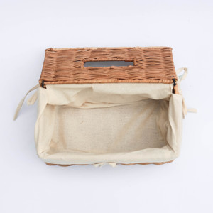 Boîte à mouchoirs rectangulaire artisanale en bambou et rotin – Doublure en toile avec nœud papillon, style vintage/rustique - Product Image 4