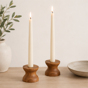Handcrafted Natural Mango Wood Taper <b>Candle</b> Holder <b>Set</b> Modern Hourglass Design Candlestick Stand For Home Table Decor & Wedding - Product Image 2