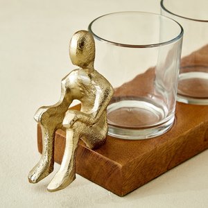 Modern Decorative Triple Glass Candle <b>Holder</b> with Wooden Base and Golden Figurine Accents Tabletop <b>Tealight</b> Stand for Home Decor - Product Image 5