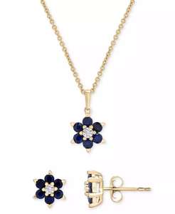 ไพลินสีน้ำเงิน (5/8 ct. T.W.) & ไพลินสีขาว (1/6 ct. T.W.) สร้อยคอจี้ดอกไม้และต่างหูเม็ดกลมสีทอง14K บน sterli - Product Image 1
