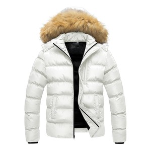 ODM Men's White <b>Hooded</b> Puffer <b>Jacket</b> With <b>Fur</b> Collar Windproof Zipper Closure Casual Winter Solid Color Polyester Shell Slim Fit - Product Image 1