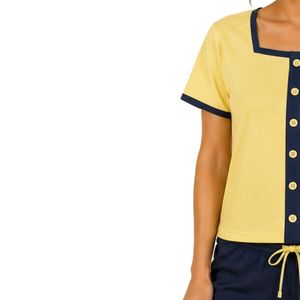 Yellow And Navy Women Two Piece Shorts Set Square Neck Button <b>Top</b> Floral Butterfly Print Contrast Trim Casual Summer Cotton Loun - Product Image 3