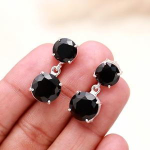 Boucles d'oreilles pendantes en onyx noir, coupe ronde, argent sterling 925 |   Bijoux en pierres précieuses noires naturelles |   Boucles d'oreilles pendantes élégantes faites à la main pour femme - Product Image 2