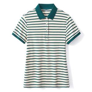 Pull-over décontracté à col en jersey tricoté à manches courtes pour femme, en coton et élasthanne, rayé, respirant, séchage rapide, écologique - Product Image 3