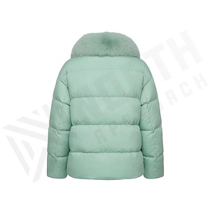 เสื้อแจ็คเก็ตสีเขียวมิ้นท์แบบเย็บลาย พร้อมปกขนสุนัขจิ้งจอก แขนยาว กันลมสำหรับฤดูหนาว ปิดด้วยซิป ความยาวสั้น บุด้วยใยโพลีเอสเตอร์ - Product Image 3