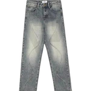 Jeans décontractés pour hommes Coupe droite Taille mi-haute Gris Denim délavé confortable Pantalons foncés Printemps Automne Vêtements personnalisés - Product Image 1