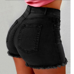 Shorts de Mezclilla para Mujer, Estilo Vaquero, con Flecos y Desgarros, de Cintura Alta, en Oferta - Product Image 1