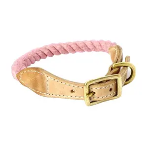 Cotton dog collar with leather buckle braided soft pink rope pet collars comfortable durable dogs lead and accessories