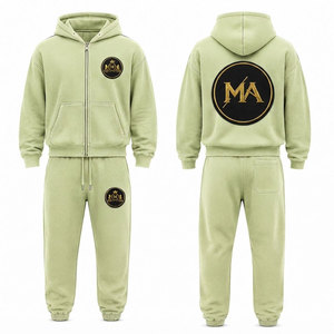 Ensemble de survêtement unisexe vert clair à capuche, 100% coton, fermeture éclair intégrale, poche avant, broderie appliquée, 480 g/m² - Product Image 1