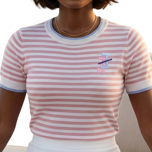 Pull en tricot à manches courtes pour femme, rayures roses et blanches, texture douce, vêtements décontractés à porter tous les jours - Product Image 4