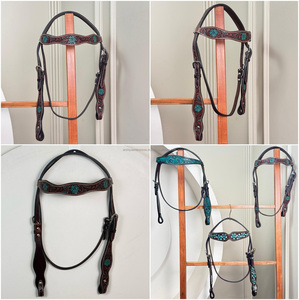 Handcrafted Western Horse Headstall Floral Hand <b>Tooled</b> <b>Leather</b> with Turquoise Accents & Adjustable Buckles for Equestrian Tack - Product Image 3