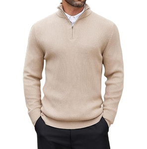 Pull tricoté en fibre de bambou beige pour homme, col zippé, couleur unie, décontracté, pour l'automne, à manches longues, côtelé, avec logo frontal - Product Image 5