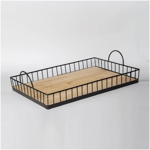Rectangular Metal Storage <b>Tray</b> With Wooden Base Minimalist Design For Table Use Single Compartment Durable Powder Coated Finish - Product Image 6