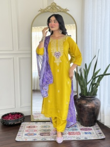 Latest Women's Mustard Color Vichitra Silk <b>Kurti</b> with Vichitra silk Pant Chinon With Digital Print Dupatta Sets - Product Image 1
