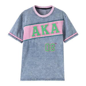 AKA เสื้อเชิ้ตผ้าเดนิมพรีเมี่ยม สีฟ้าอ่อน สีชมพู สีเขียว คอกลม แขนสั้น สไตล์กรีก สำหรับผู้หญิง - Product Image 1