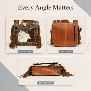 Sac à bandoulière élégant pour femme en cuir avec poils |   Sac à bandoulière en cuir de vache véritable, style western, avec franges, fait main, sac à main rustique et tendance - Product Image 5